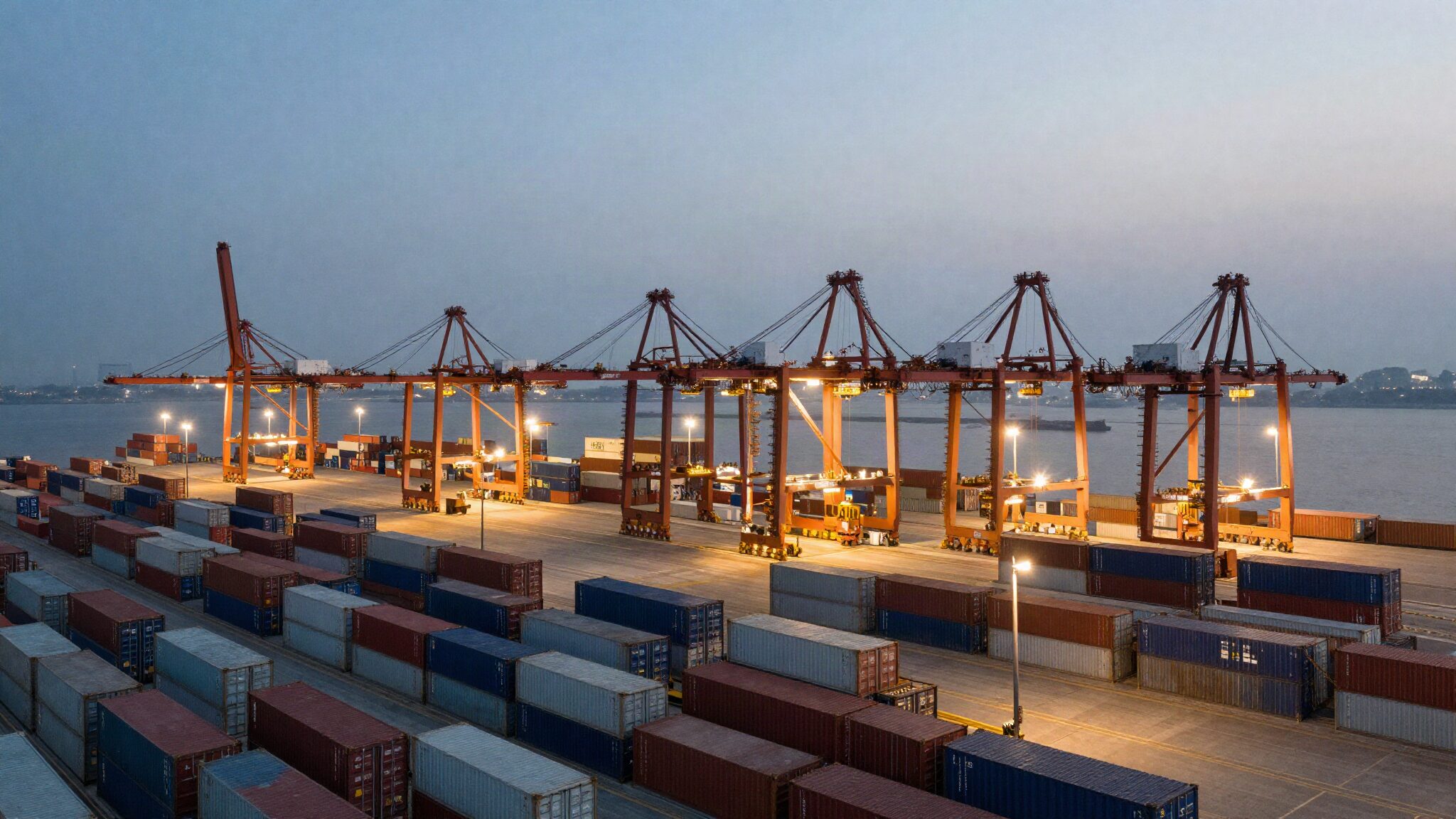 Container port at dusk with cranes and shipping containers