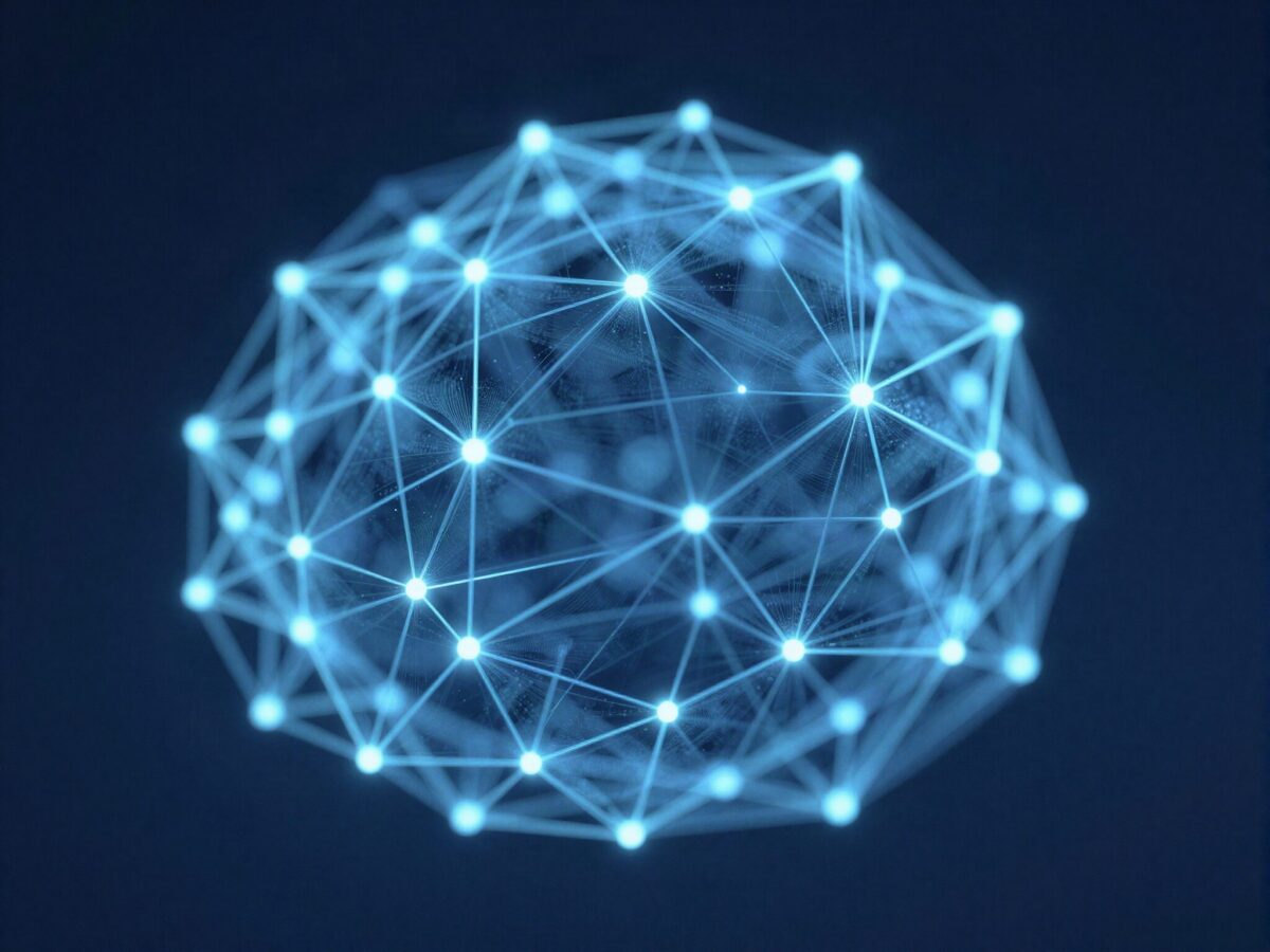 Glowing neural network of light on a deep navy background