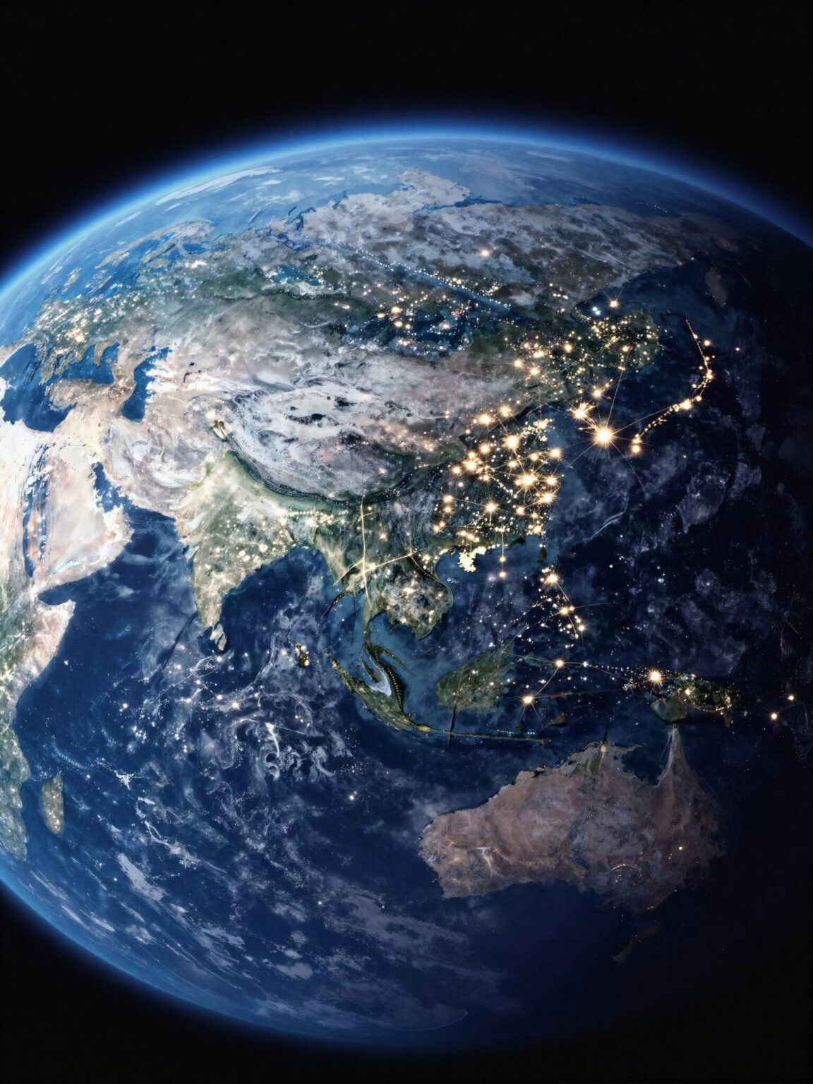 Earth seen from orbit at night with city lights across the continents