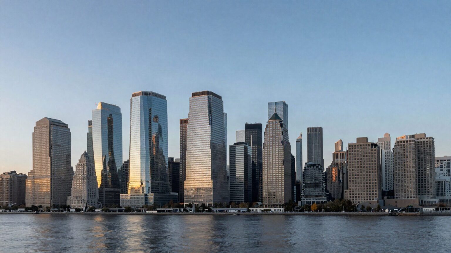 Financial district skyline at sunrise across calm water