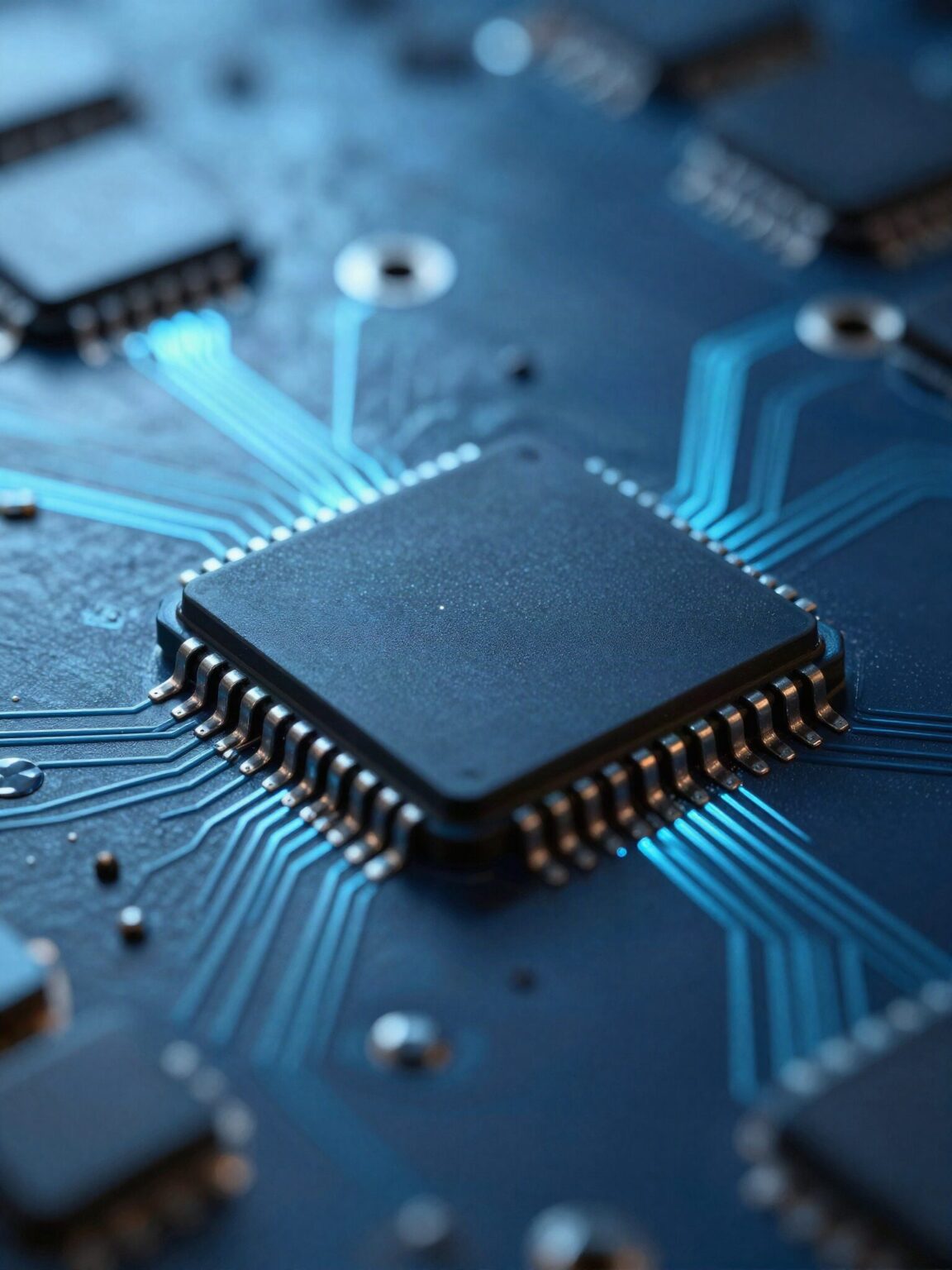 Microchip on a circuit board glowing with blue light