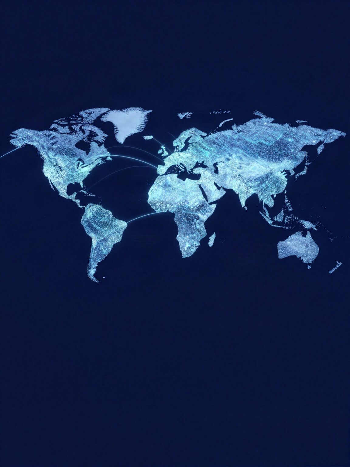 World map of glowing dots with arcs of light connecting the continents